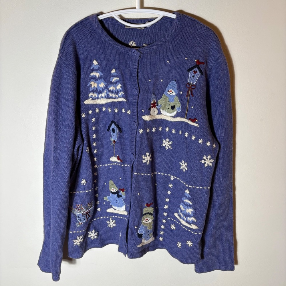 Craft & Barrow Blue Snowman Christmas Cardigan Sweater Size XL Angora Blend